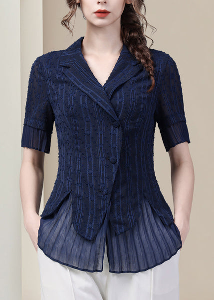 Blue Shirt Peter Fit Pan Summer Button Chiffon Slim Collar FashionChic