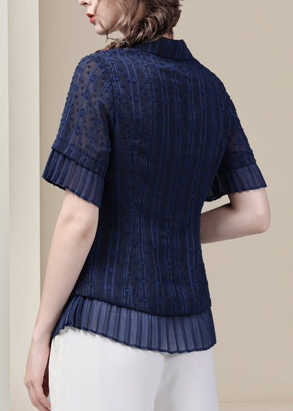 Blue Shirt Peter Fit Pan Summer Button Chiffon Slim Collar FashionChic