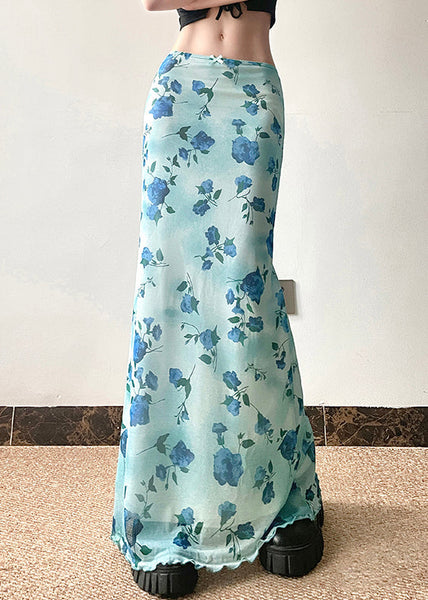 Summer Blue Slim Waist Fit Print Skirt High Tulle FashionChic