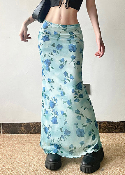Summer Blue Slim Waist Fit Print Skirt High Tulle FashionChic