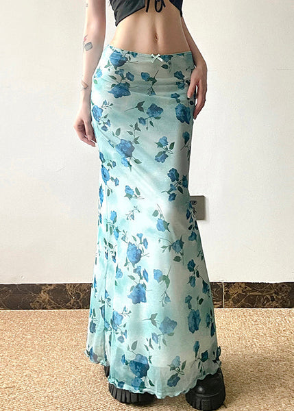 Summer Blue Slim Waist Fit Print Skirt High Tulle FashionChic