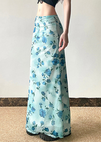 Summer Blue Slim Waist Fit Print Skirt High Tulle FashionChic
