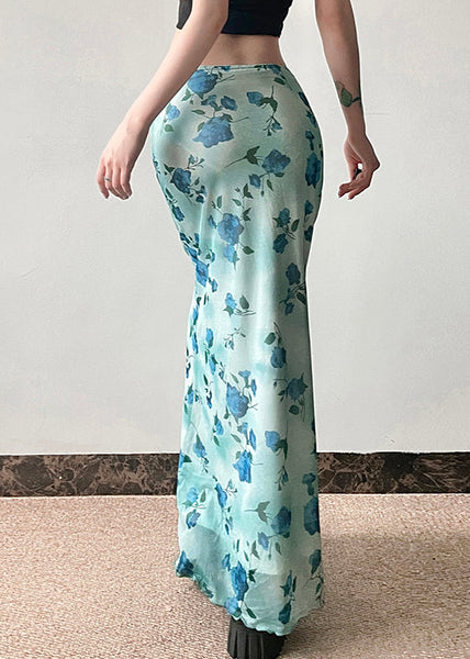 Summer Blue Slim Waist Fit Print Skirt High Tulle FashionChic