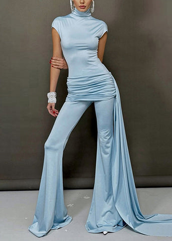 Slim Turtleneck Blue Summer Wrinkled Fit Jumpsuit Cotton FashionChic