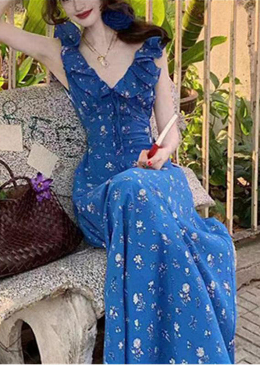 Slim Fit Blue V Neck Ruffled Patchwork Maxi Dress Summer UU1017 SH-LF-SDL240526