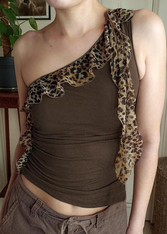 Sleeveless Fit Cotton Asymmetrical Brown Tank Patchwork Slim FashionChic
