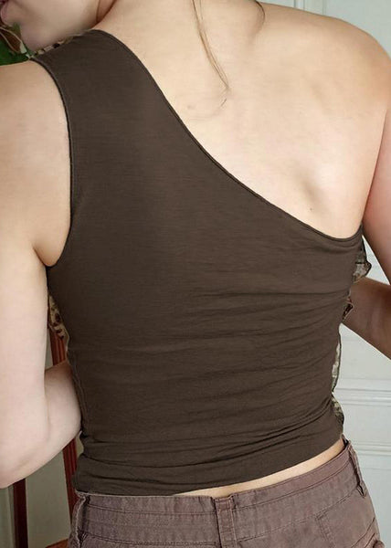 Sleeveless Fit Cotton Asymmetrical Brown Tank Patchwork Slim FashionChic