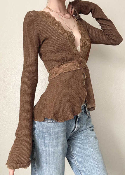Lace Tops Knit Brown Fit Spring Patchwork Slim FashionChic