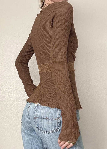 Lace Tops Knit Brown Fit Spring Patchwork Slim FashionChic