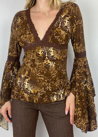 Slim Fit Brown V Neck Patchwork Lace Top Flare Sleeve WP028 NZ-LTP241107