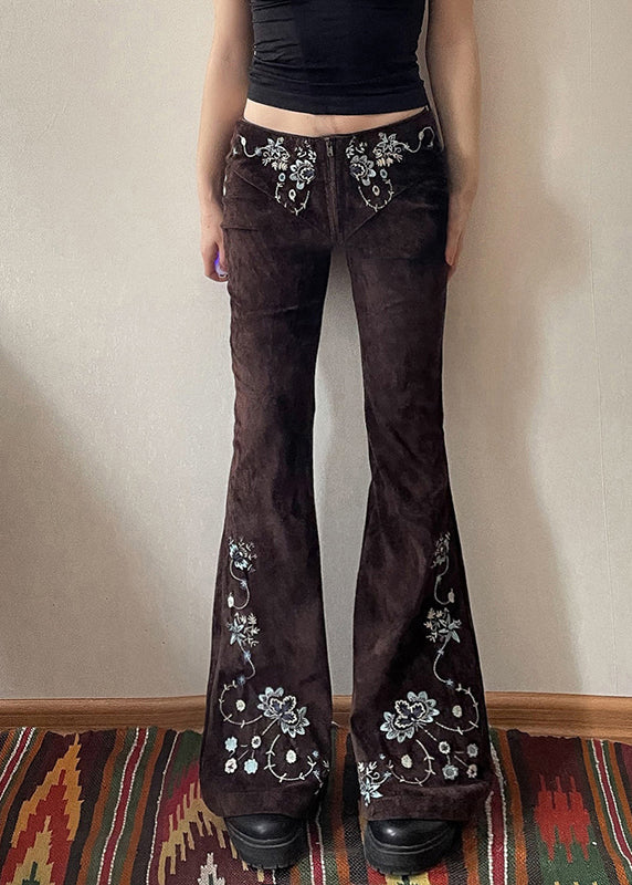 Fit Flared Trousers Chocolate Floral Denim Embroidered Slim FashionChic