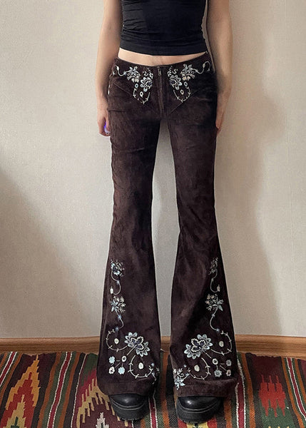 Fit Flared Trousers Chocolate Floral Denim Embroidered Slim FashionChic