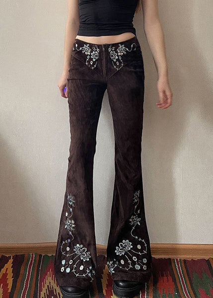 Fit Flared Trousers Chocolate Floral Denim Embroidered Slim FashionChic