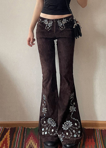 Fit Flared Trousers Chocolate Floral Denim Embroidered Slim FashionChic