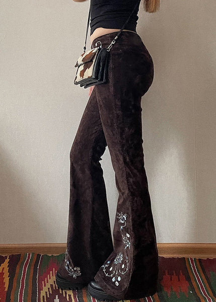 Fit Flared Trousers Chocolate Floral Denim Embroidered Slim FashionChic