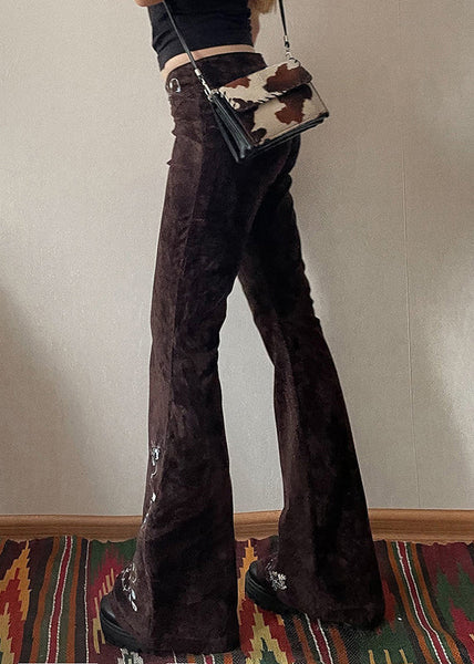 Fit Flared Trousers Chocolate Floral Denim Embroidered Slim FashionChic
