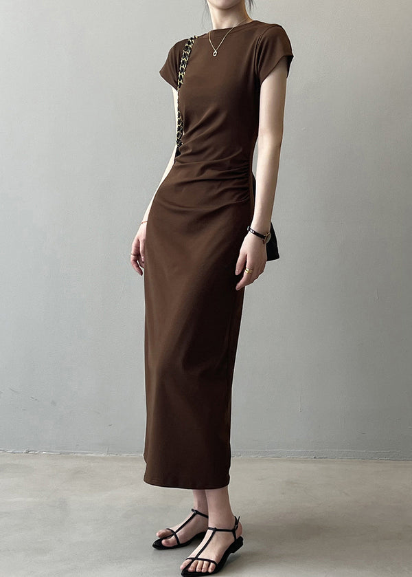 Slim Fit Coffee Solid Cotton Long Dresses Summer QE006 MZF-SDL240927