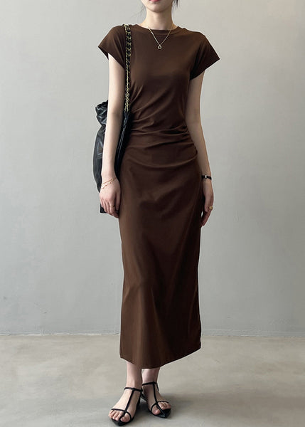 Slim Fit Coffee Solid Cotton Long Dresses Summer QE006 MZF-SDL240927