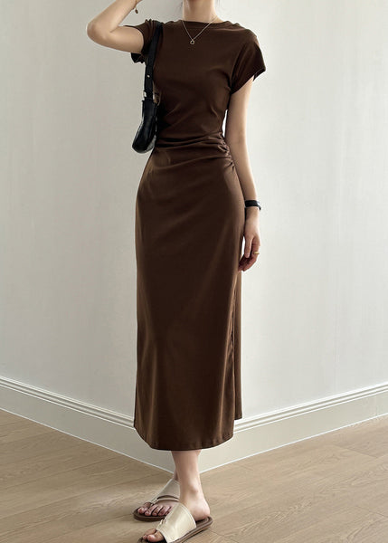 Slim Fit Coffee Solid Cotton Long Dresses Summer QE006 MZF-SDL240927
