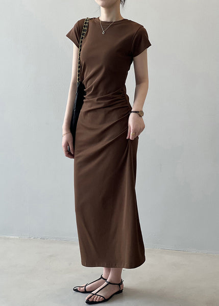 Slim Fit Coffee Solid Cotton Long Dresses Summer QE006 MZF-SDL240927