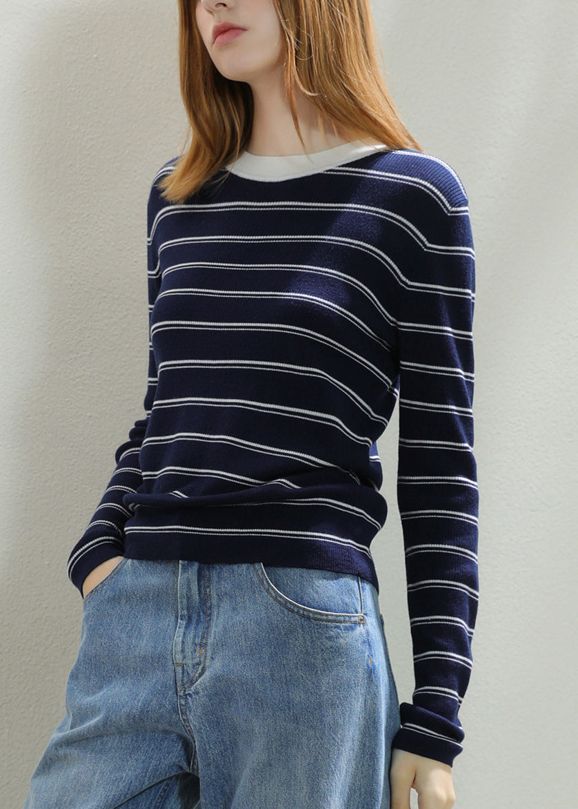 Slim Fit Coffee Striped Patchwork Cozy Knit Tops Fall  TU059