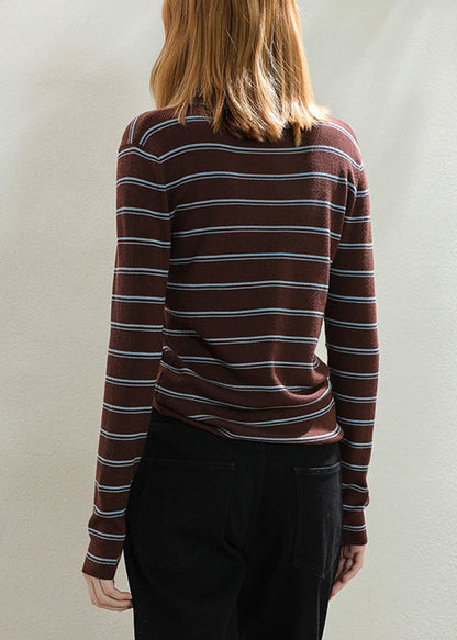 Slim Fit Coffee Striped Patchwork Cozy Knit Tops Fall  TU059