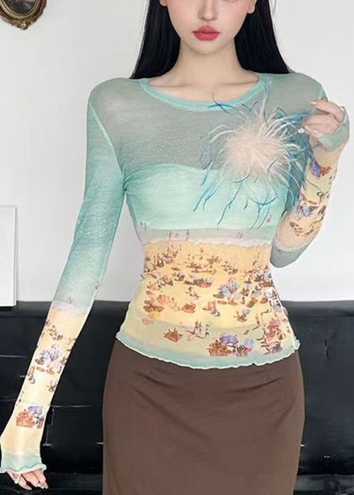 Fit O-Neck Summer Shirts Tulle T Colorblock Print Slim FashionChic