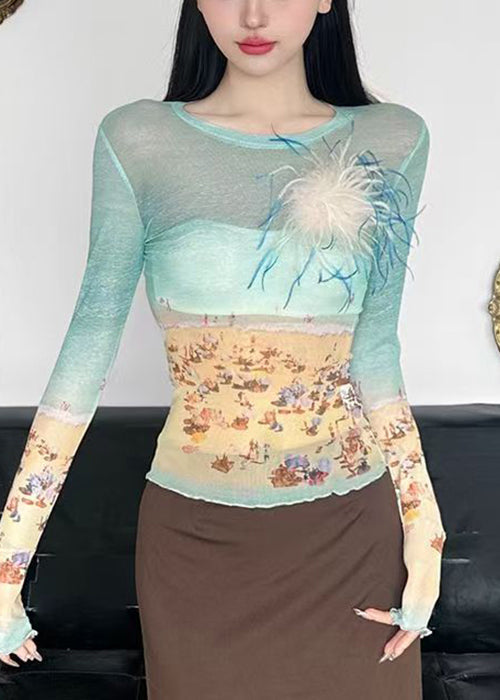 Fit O-Neck Summer Shirts Tulle T Colorblock Print Slim FashionChic