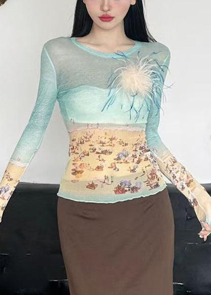 Fit O-Neck Summer Shirts Tulle T Colorblock Print Slim FashionChic