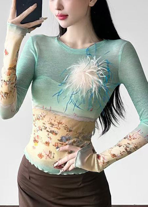 Fit O-Neck Summer Shirts Tulle T Colorblock Print Slim FashionChic