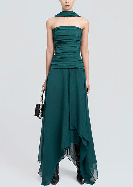 Shoulder Green Dresses Cotton Maxi Cold Dark Wrinkled Fit Slim FashionChic