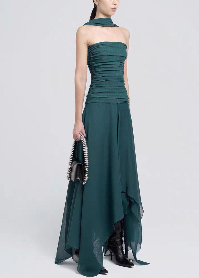 Shoulder Green Dresses Cotton Maxi Cold Dark Wrinkled Fit Slim FashionChic