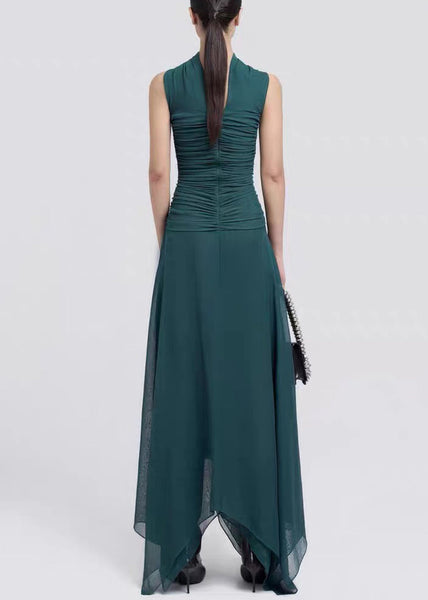 Shoulder Green Dresses Cotton Maxi Cold Dark Wrinkled Fit Slim FashionChic