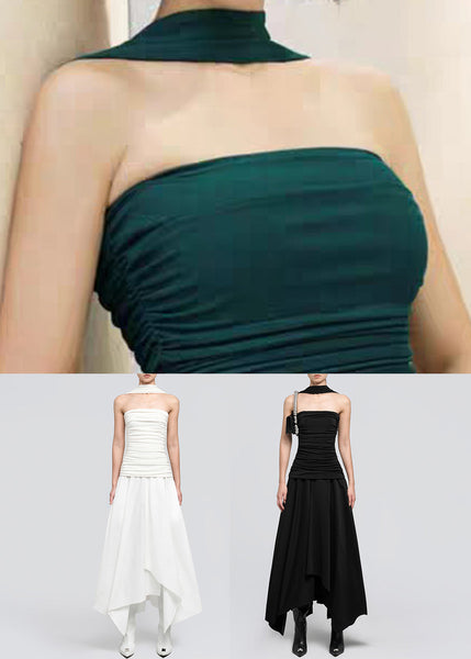 Shoulder Green Dresses Cotton Maxi Cold Dark Wrinkled Fit Slim FashionChic