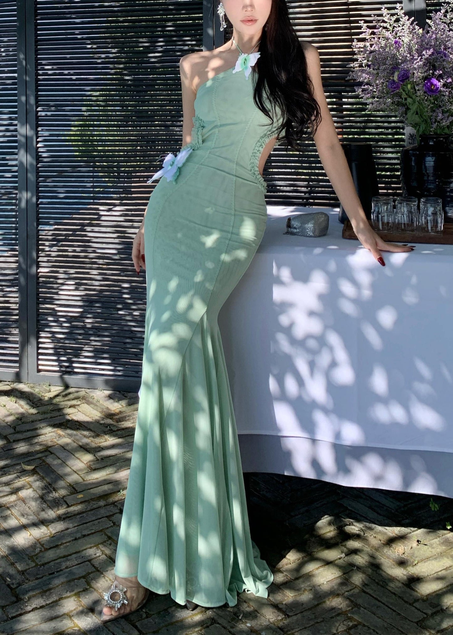 Slim Tulle Summer Hollow Fit Fishtail Dresses Green Butterfly Out FashionChic