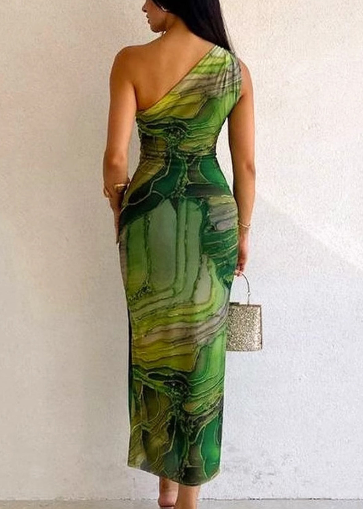 Slim Cotton Fit Dress Cold Sleeveless Green Long Shoulder Print FashionChic