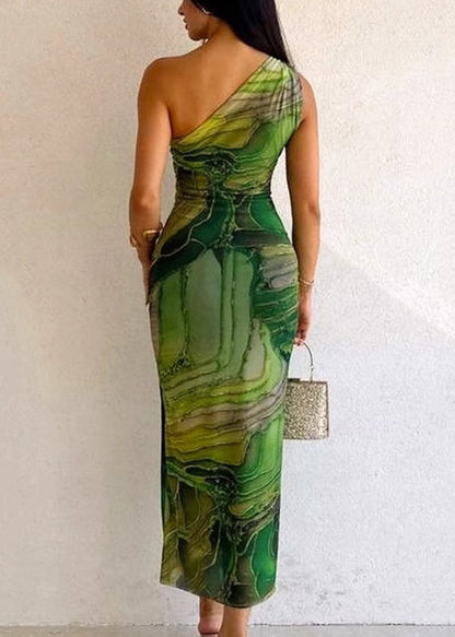 Slim Cotton Fit Dress Cold Sleeveless Green Long Shoulder Print FashionChic