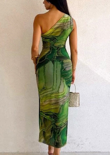 Slim Cotton Fit Dress Cold Sleeveless Green Long Shoulder Print FashionChic