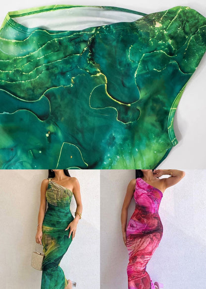 Slim Cotton Fit Dress Cold Sleeveless Green Long Shoulder Print FashionChic