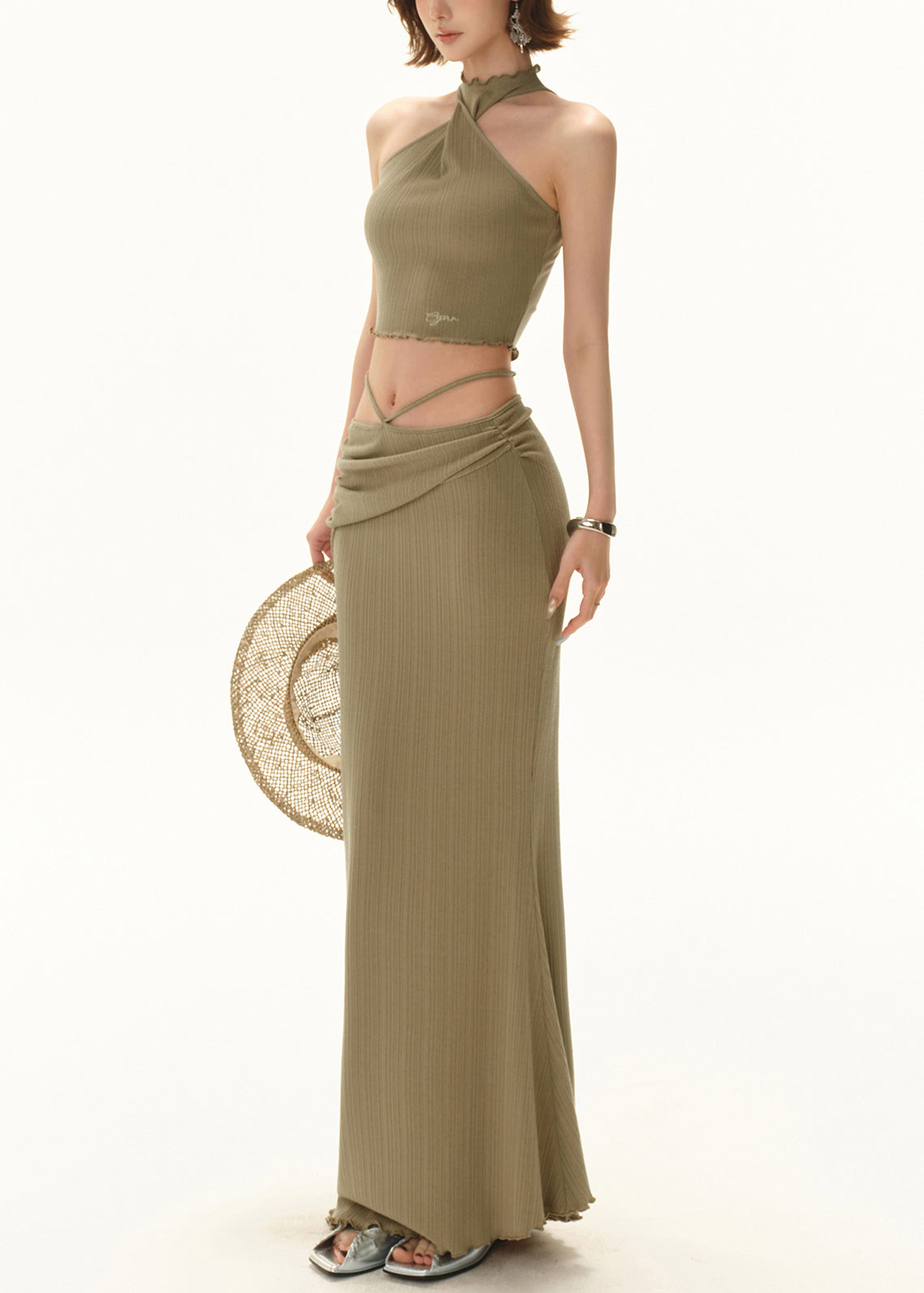 Fit Knit Up Green Sleeveless Two Hollow Out Lace Slim Set Pieces FashionChic