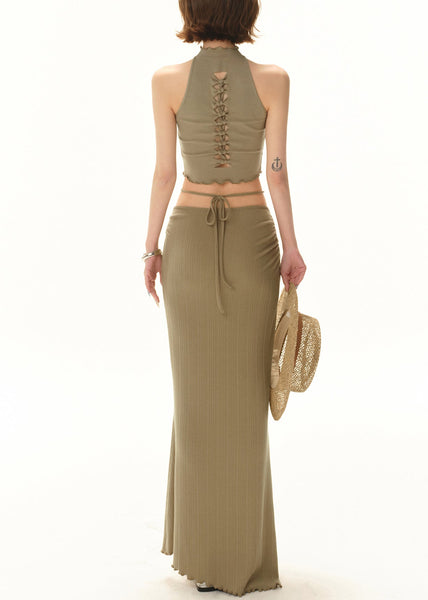 Fit Knit Up Green Sleeveless Two Hollow Out Lace Slim Set Pieces FashionChic