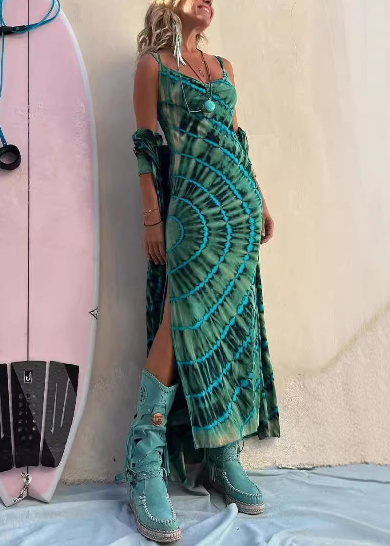 Slim Fit Green Print Side Open Cotton Spaghetti Strap Dress Sleeveless BB036 Hawaii-SDL240622