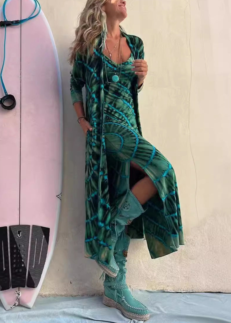 Slim Fit Green Print Side Open Cotton Spaghetti Strap Dress Sleeveless BB036 Hawaii-SDL240622