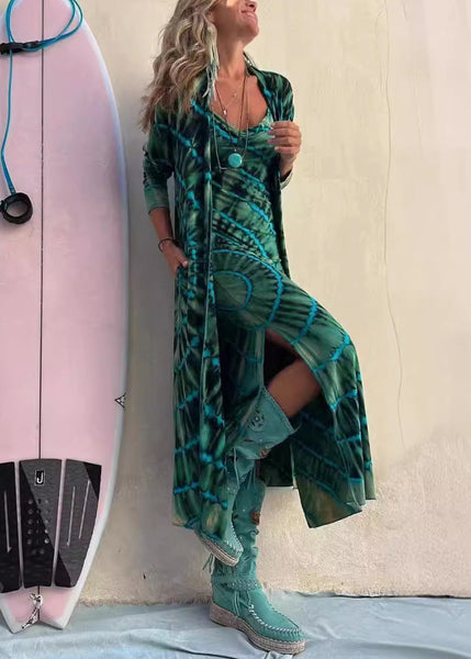 Slim Fit Green Print Side Open Cotton Spaghetti Strap Dress Sleeveless BB036 Hawaii-SDL240622