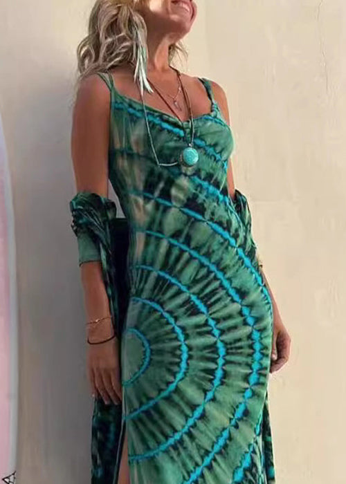 Slim Fit Green Print Side Open Cotton Spaghetti Strap Dress Sleeveless BB036 Hawaii-SDL240622