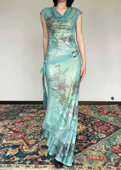 Slim Fit Green Print Tulle Top And Maxi Skirts Two Pieces Set Sleeve UU1031 SH-LF-TPIEC240526