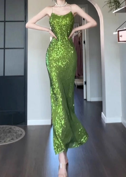 Spaghetti Sleeveless Green Fit Slim Solid Dress Strap Sequins FashionChic