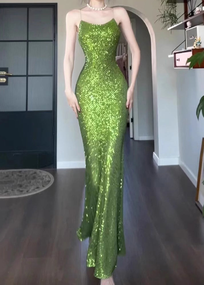 Spaghetti Sleeveless Green Fit Slim Solid Dress Strap Sequins FashionChic