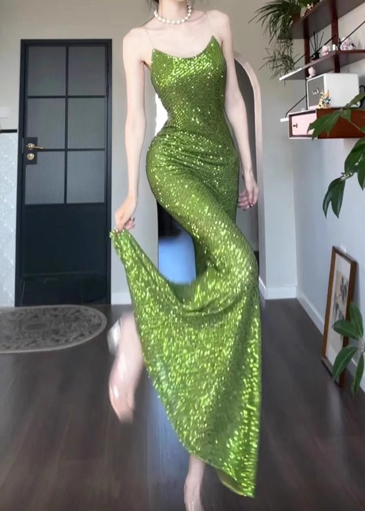 Spaghetti Sleeveless Green Fit Slim Solid Dress Strap Sequins FashionChic
