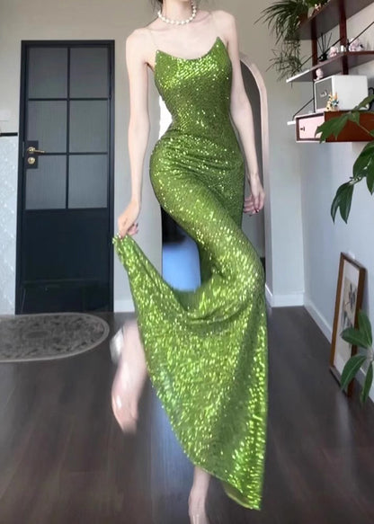Spaghetti Sleeveless Green Fit Slim Solid Dress Strap Sequins FashionChic